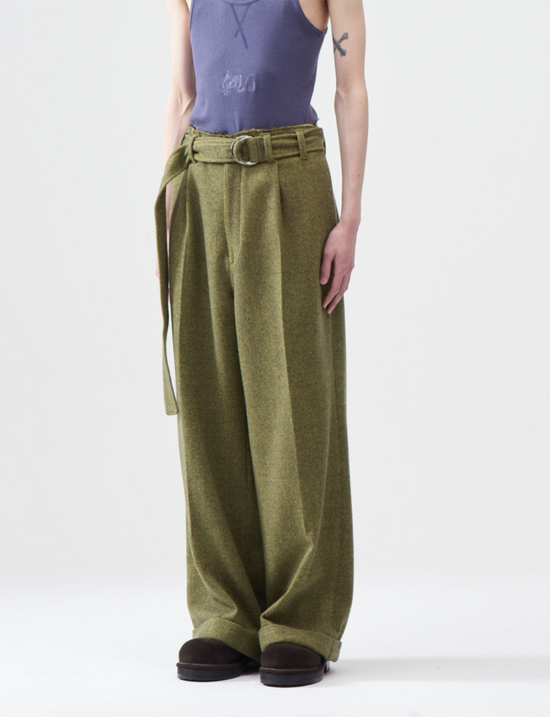 Herring Bone Wool Wide Pants – Lime