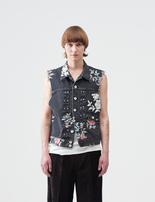 Flower Pattern denim vest – Black