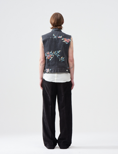 Flower Pattern denim vest – Black