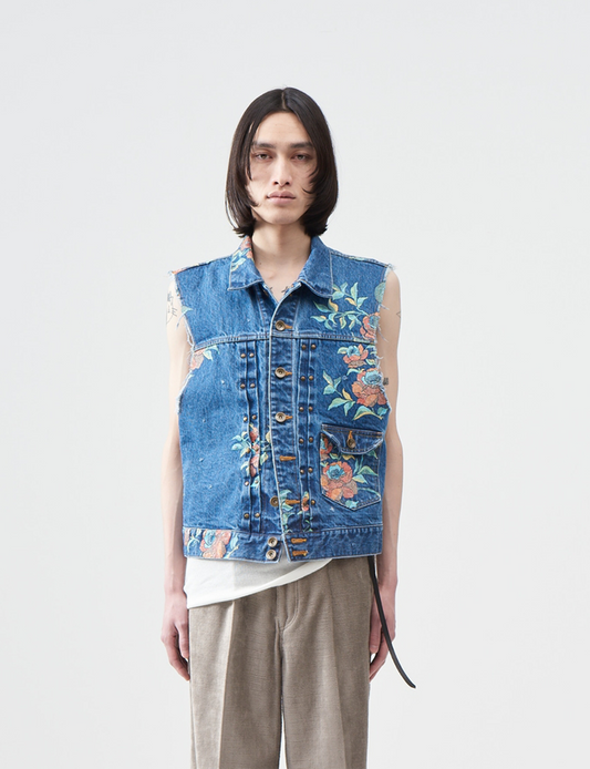 Flower Pattern denim vest – Indigo