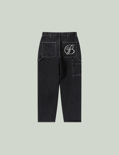 B EMBLEM DOUBLE KNEE DENIM PANTS