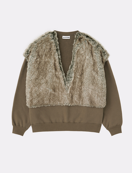 FAUX FUR PLUNGING NECK SWEAT