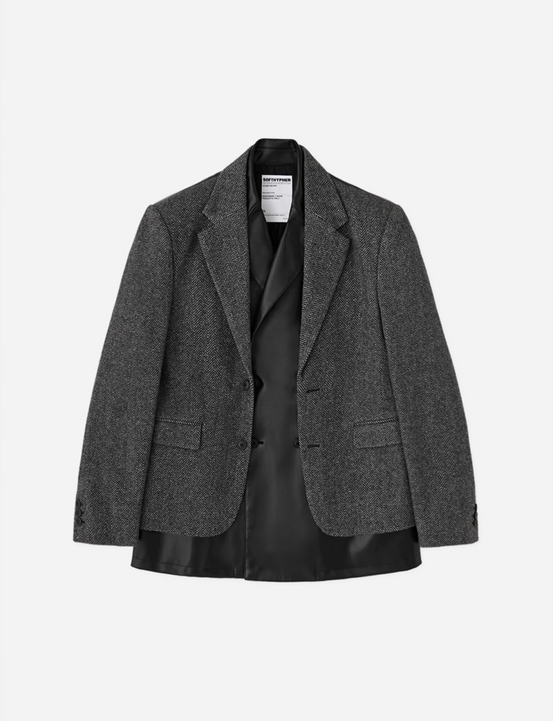 HERRINGBONE TWEED SQUARE SHOULDER DOUBLE FRONT JACKET