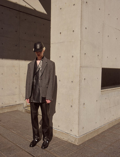 HERRINGBONE TWEED SQUARE SHOULDER DOUBLE FRONT JACKET